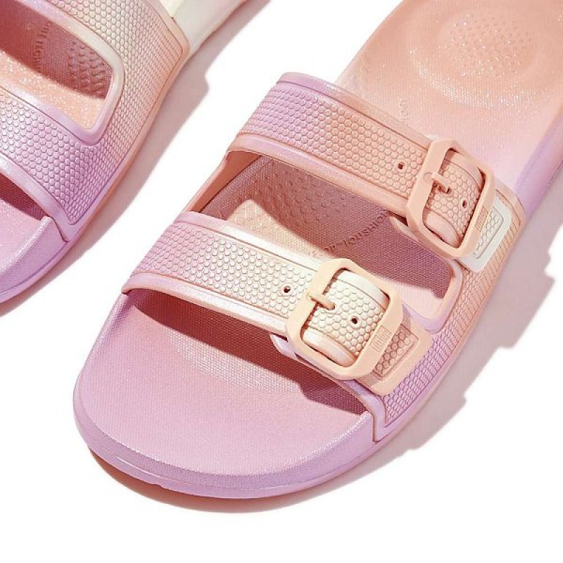 FitFlop Iqushion Iridescent Two Bar Buckle Sliders Women's Slides White | 593ZLNPCT