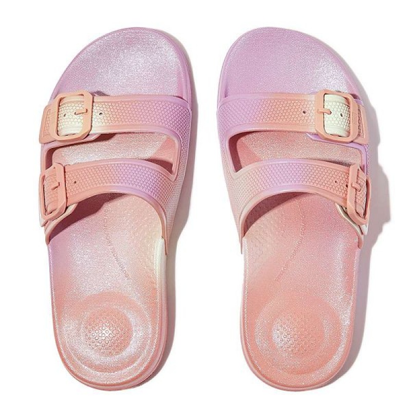 FitFlop Iqushion Iridescent Two Bar Buckle Sliders Women's Slides White | 593ZLNPCT