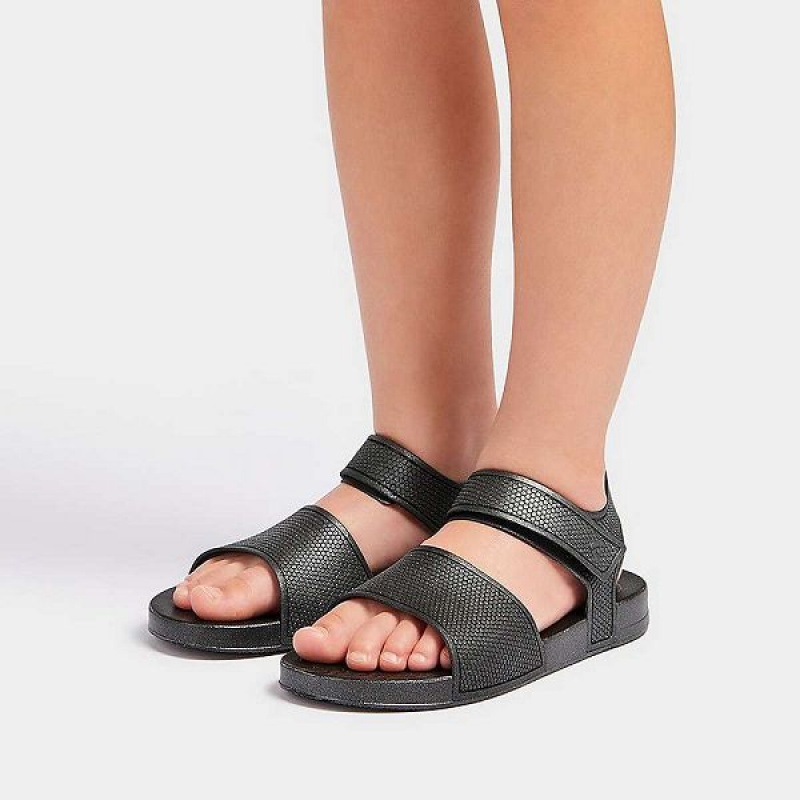 FitFlop Iqushion Junior Shimmer Ergonomic Back-Strap Kids' Sandals Black | 169TGYHIV