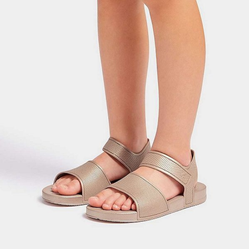 FitFlop Iqushion Junior Shimmer Ergonomic Back-Strap Kids' Sandals Rose Gold | 275GEURYT