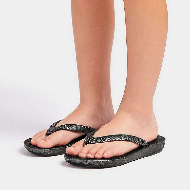 FitFlop Iqushion Junior Shimmer Ergonomic Kids' Flip Flops Black | 513ICKYHS