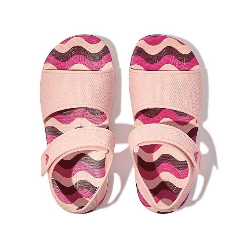 FitFlop Iqushion Junior Wave Print Ergonomic Back-Strap Kids' Sandals Pink / Light Blue | 481TLSCPY