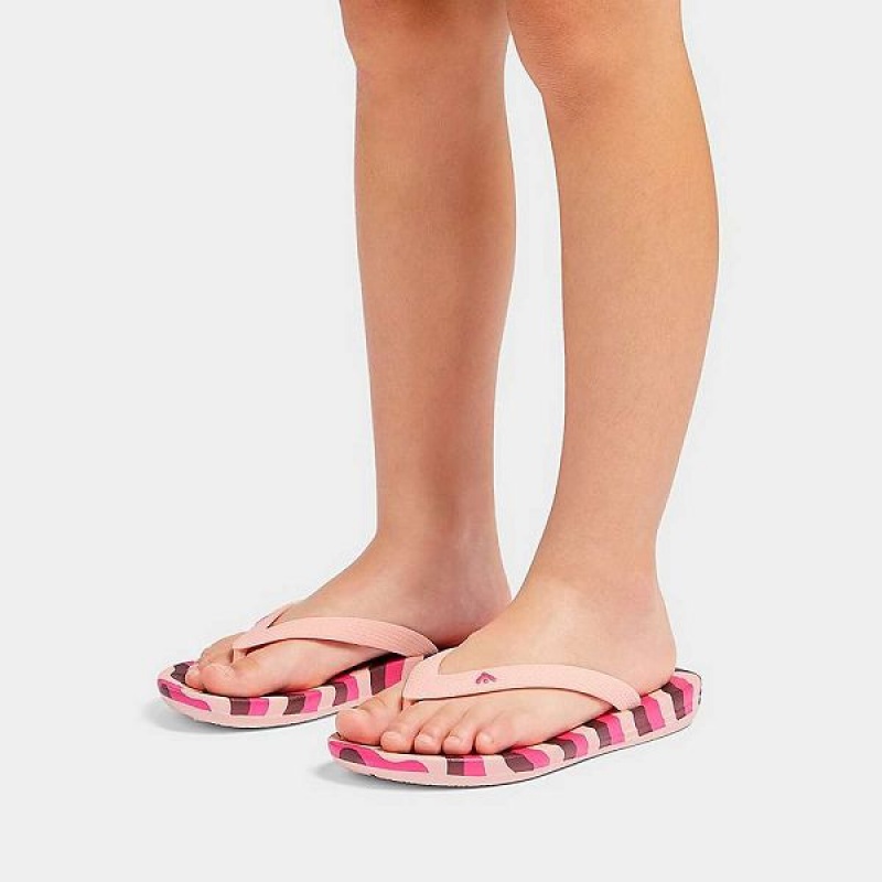 FitFlop Iqushion Junior Wave Print Ergonomic Kids' Flip Flops Pink / Light Blue | 391FIMSGQ