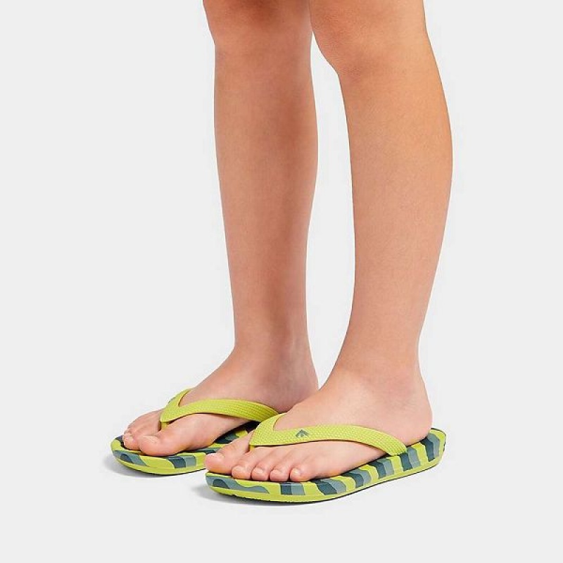 FitFlop Iqushion Junior Wave Print Ergonomic Kids' Flip Flops Light Green | 174BIMHQA