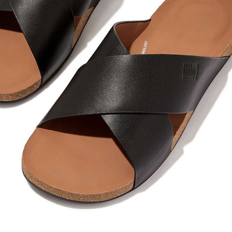 FitFlop Iqushion Leather Cross Men's Slides Black | 091ZRTYVF