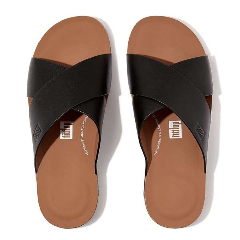 FitFlop Iqushion Leather Cross Men's Slides Black | 091ZRTYVF