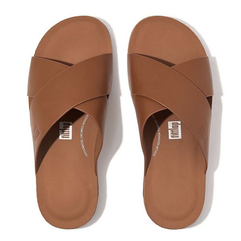 FitFlop Iqushion Leather Cross Men's Slides Light Brown | 714UVXKMT