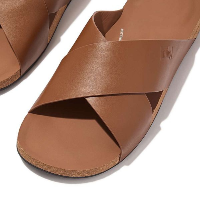 FitFlop Iqushion Leather Cross Men's Slides Light Brown | 714UVXKMT