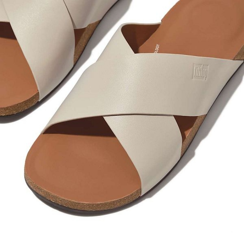 FitFlop Iqushion Leather Cross Men's Slides Grey | 928SGRUVH