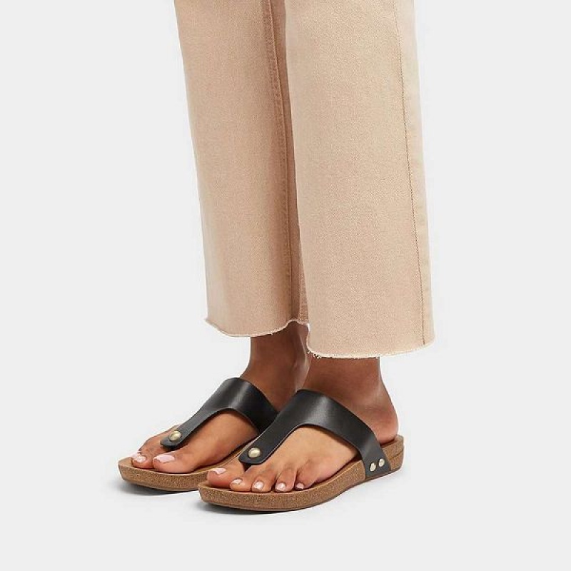 FitFlop Iqushion Leather Toe-Post Women's Sandals Black | 240WTCZFS