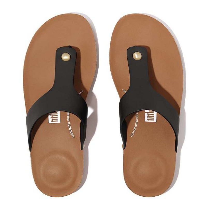 FitFlop Iqushion Leather Toe-Post Women's Sandals Black | 240WTCZFS