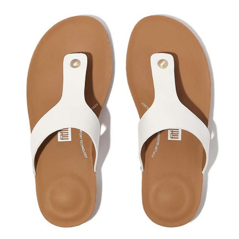 FitFlop Iqushion Leather Toe-Post Women's Sandals White | 925IPEYSB