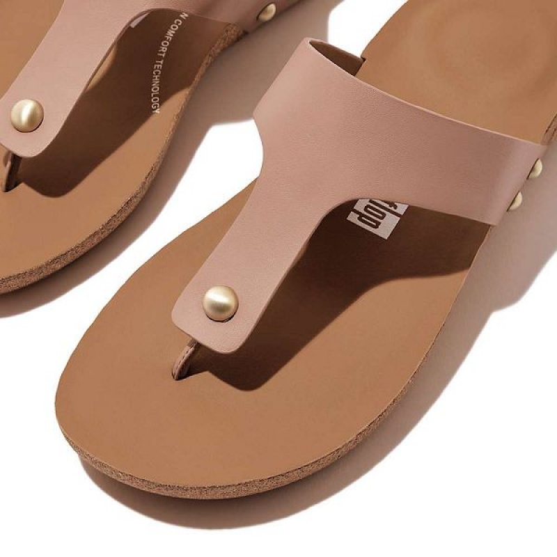 FitFlop Iqushion Leather Toe-Post Women's Sandals Beige | 746YRJFMU