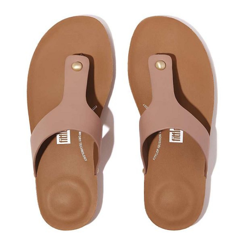 FitFlop Iqushion Leather Toe-Post Women's Sandals Beige | 746YRJFMU