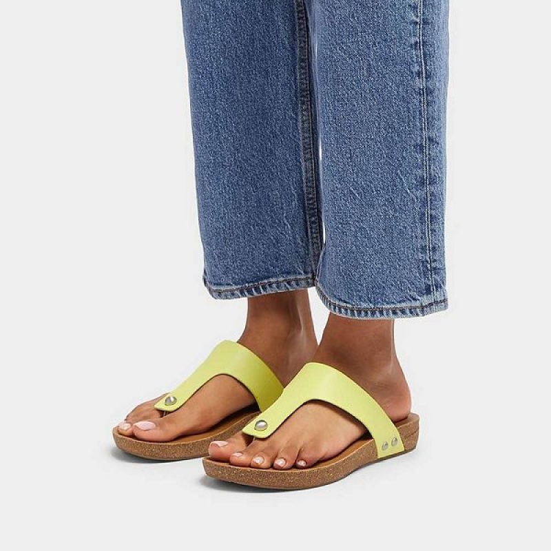 FitFlop Iqushion Leather Toe-Post Women's Sandals Light Green | 706MCFQVU