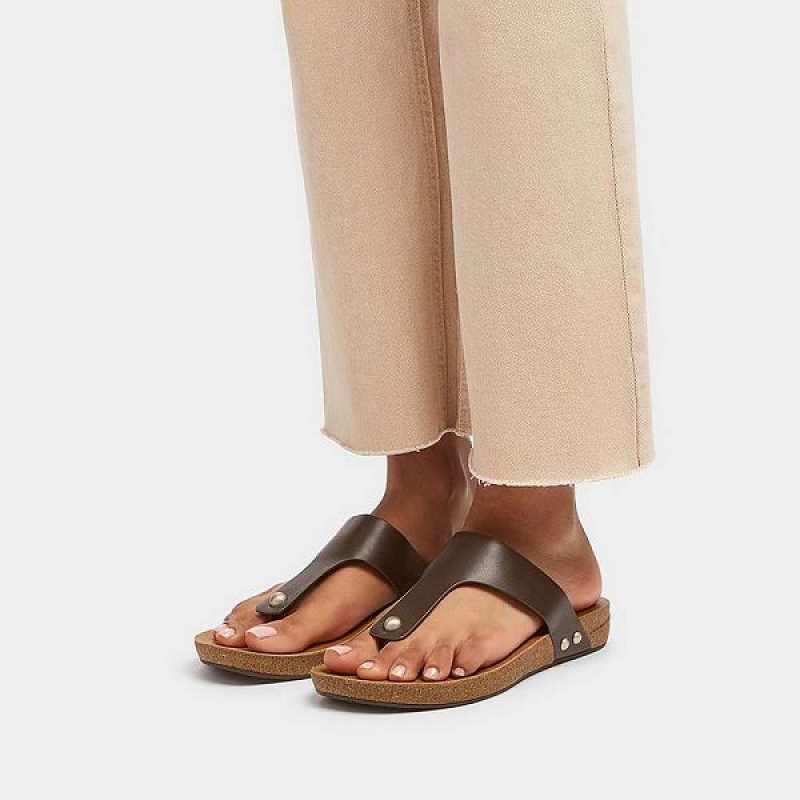 FitFlop Iqushion Leather Toe-Post Women's Sandals Brown | 926CEZHRB