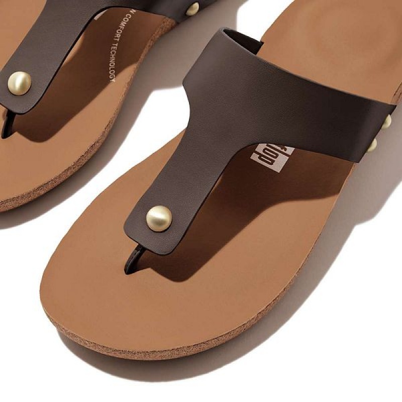 FitFlop Iqushion Leather Toe-Post Women's Sandals Brown | 926CEZHRB