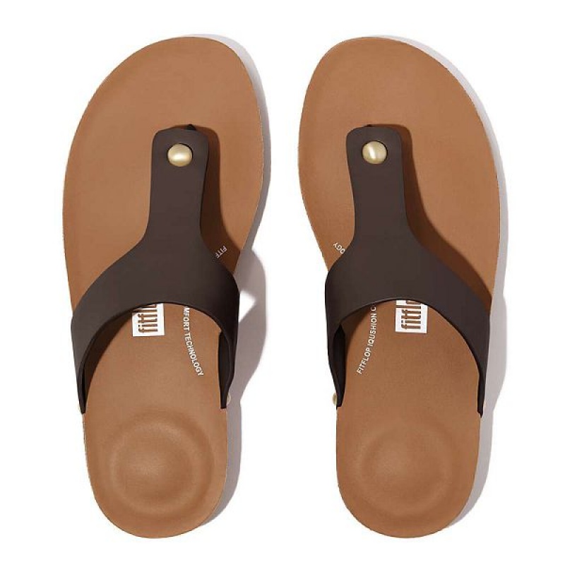 FitFlop Iqushion Leather Toe-Post Women's Sandals Brown | 926CEZHRB