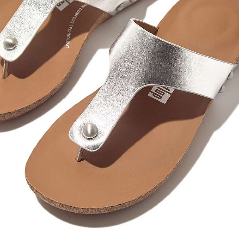 FitFlop Iqushion Metallic Leather Toe-Post Women's Sandals Silver | 648FXGBVN