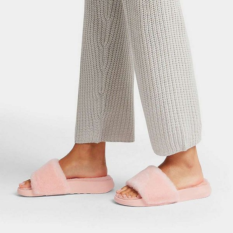 FitFlop Iqushion Shearling Women's Slides Pink / Light Blue | 765ATMWIU