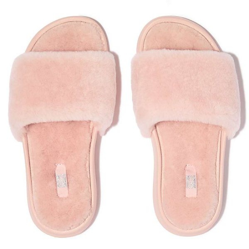 FitFlop Iqushion Shearling Women's Slides Pink / Light Blue | 765ATMWIU