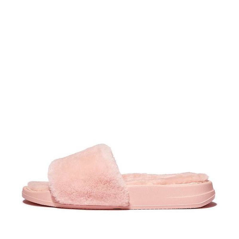 FitFlop Iqushion Shearling Women\'s Slides Pink / Light Blue | 765ATMWIU