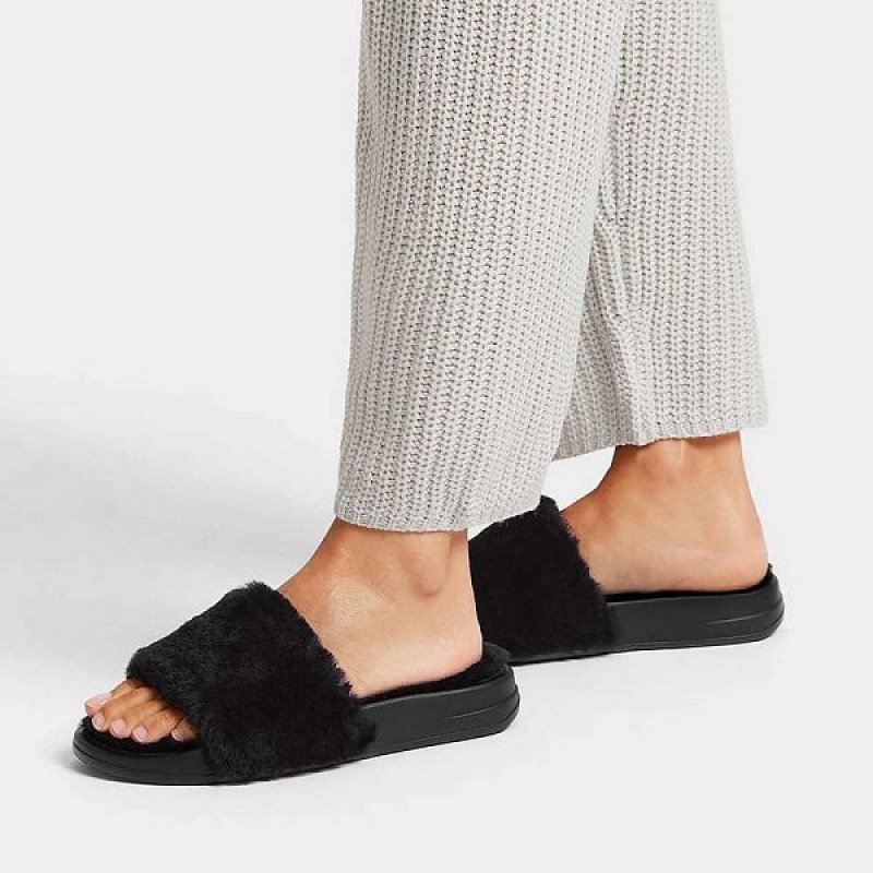 FitFlop Iqushion Shearling Women's Slides Black | 294WLFRQB