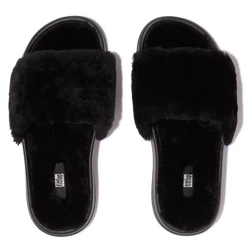 FitFlop Iqushion Shearling Women's Slides Black | 294WLFRQB