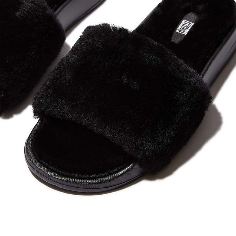 FitFlop Iqushion Shearling Women's Slides Black | 294WLFRQB