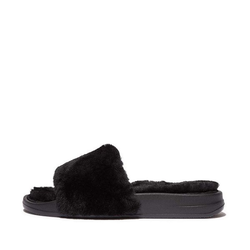 FitFlop Iqushion Shearling Women\'s Slides Black | 294WLFRQB