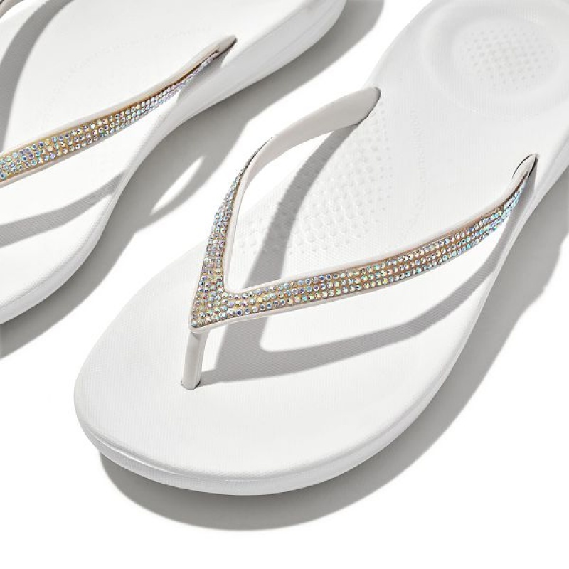 FitFlop Iqushion Sparkle Ergonomic Women's Flip Flops White | 147NUWLIR