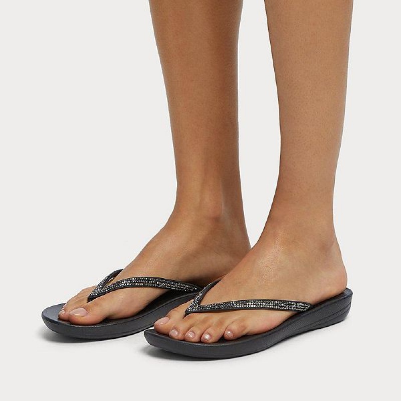 FitFlop Iqushion Sparkle Ergonomic Women's Flip Flops Black | 170HKEUOV