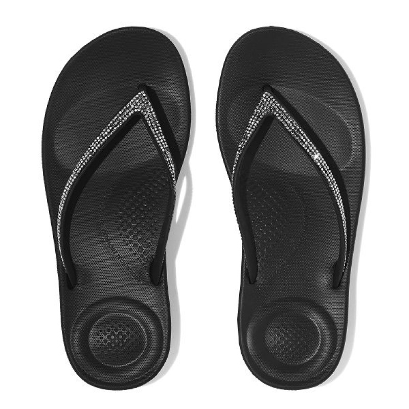 FitFlop Iqushion Sparkle Ergonomic Women's Flip Flops Black | 170HKEUOV