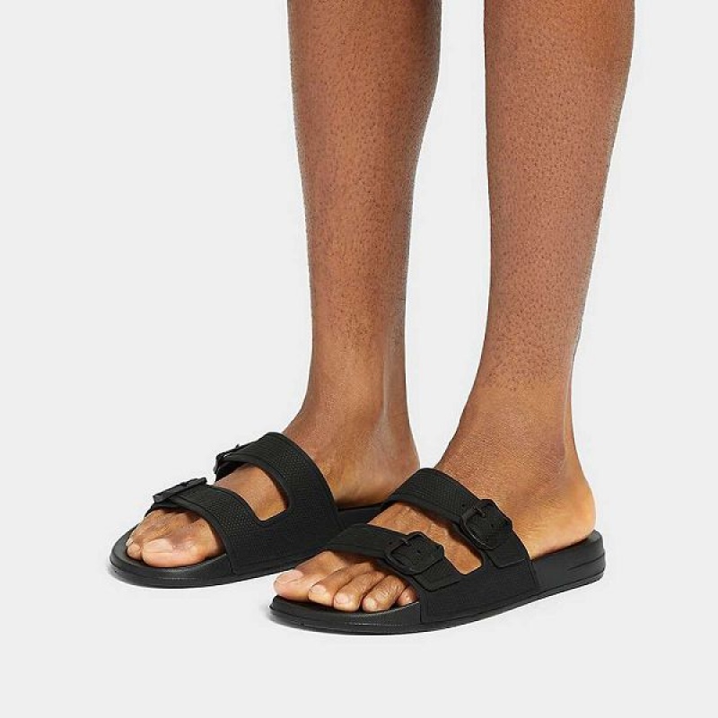 FitFlop Iqushion Two Bar Buckle Men's Slides Black | 591TQCESB