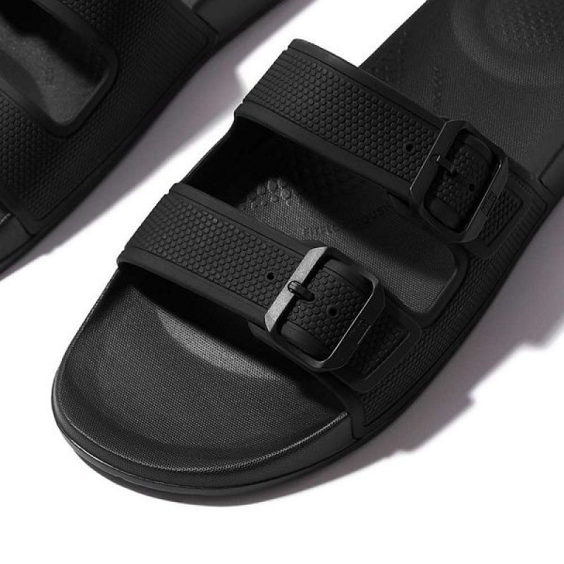 FitFlop Iqushion Two Bar Buckle Men's Slides Black | 591TQCESB