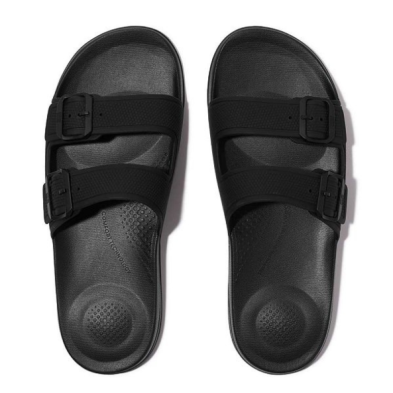 FitFlop Iqushion Two Bar Buckle Men's Slides Black | 591TQCESB