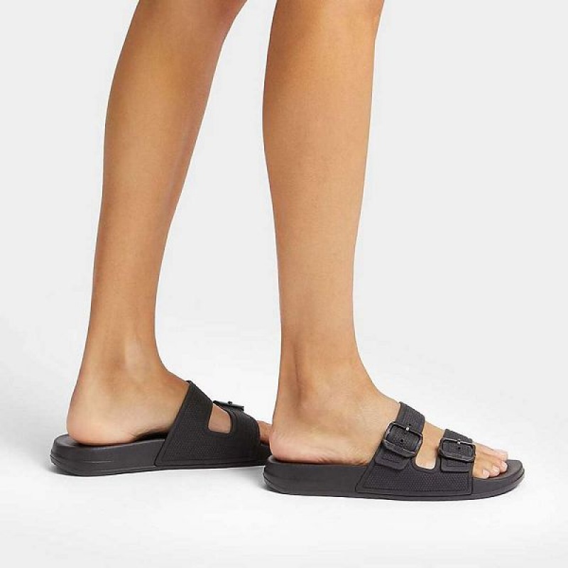 FitFlop Iqushion Two Bar Buckle Women's Slides Black | 025SFEHJY