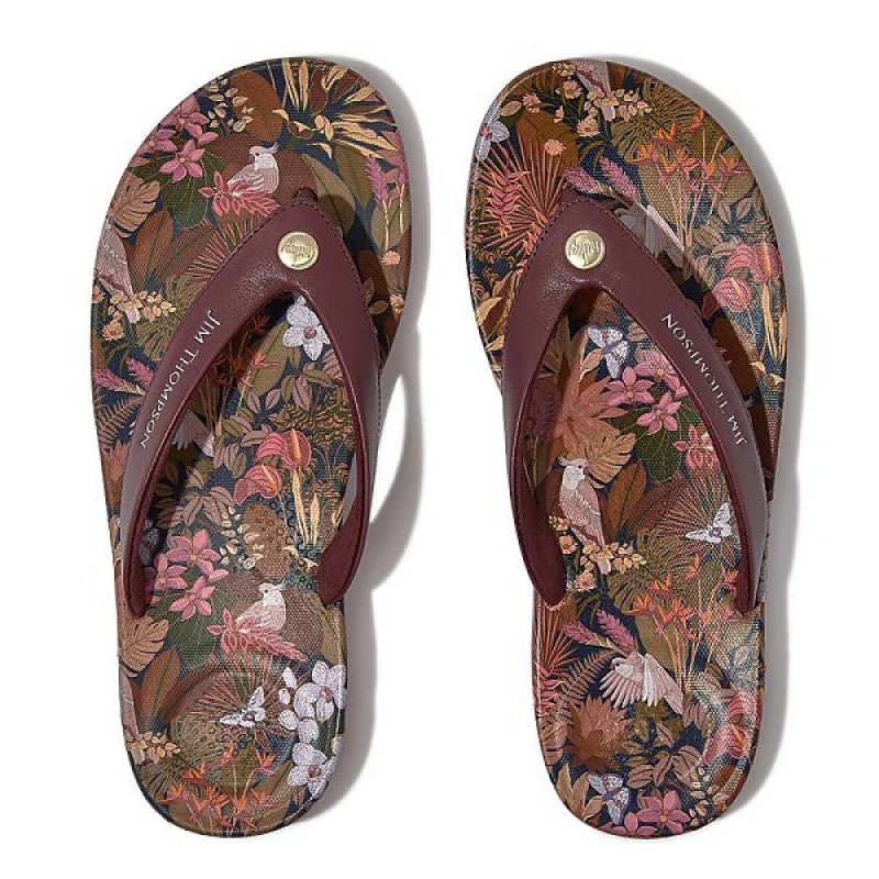 FitFlop Iqushion X Jim Thompson Limited Edition Leather Women's Flip Flops Brown | 765BRZUMH