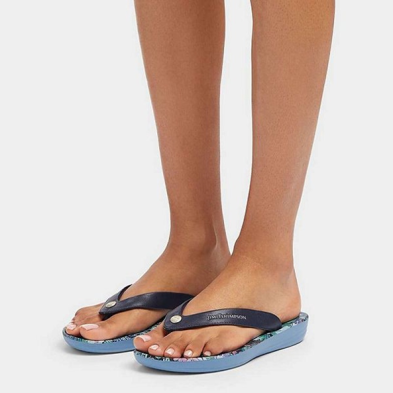 FitFlop Iqushion X Jim Thompson Limited Edition Leather Women's Flip Flops Blue | 890AGHQMP