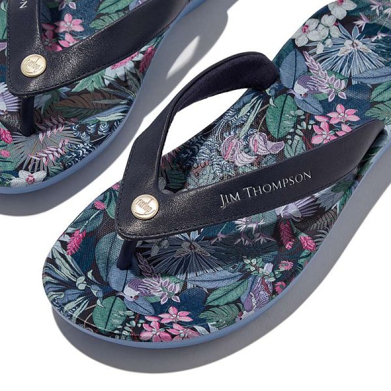 FitFlop Iqushion X Jim Thompson Limited Edition Leather Women's Flip Flops Blue | 890AGHQMP