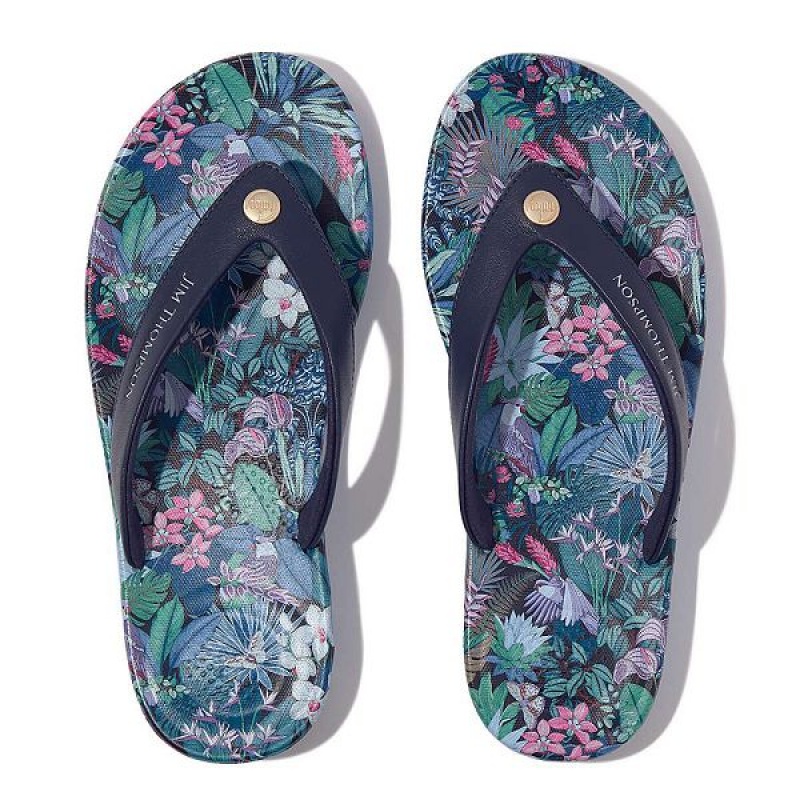 FitFlop Iqushion X Jim Thompson Limited Edition Leather Women's Flip Flops Blue | 890AGHQMP