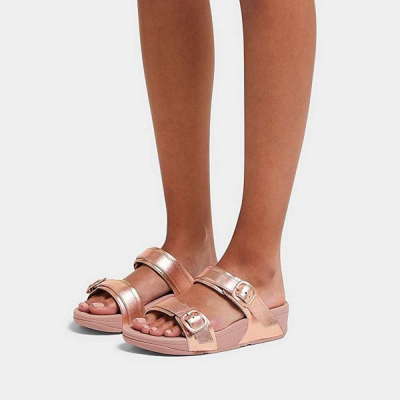 FitFlop Lulu Adjustable Buckle Metallic Leather Women's Slides Rose Gold | 765FHQGSE