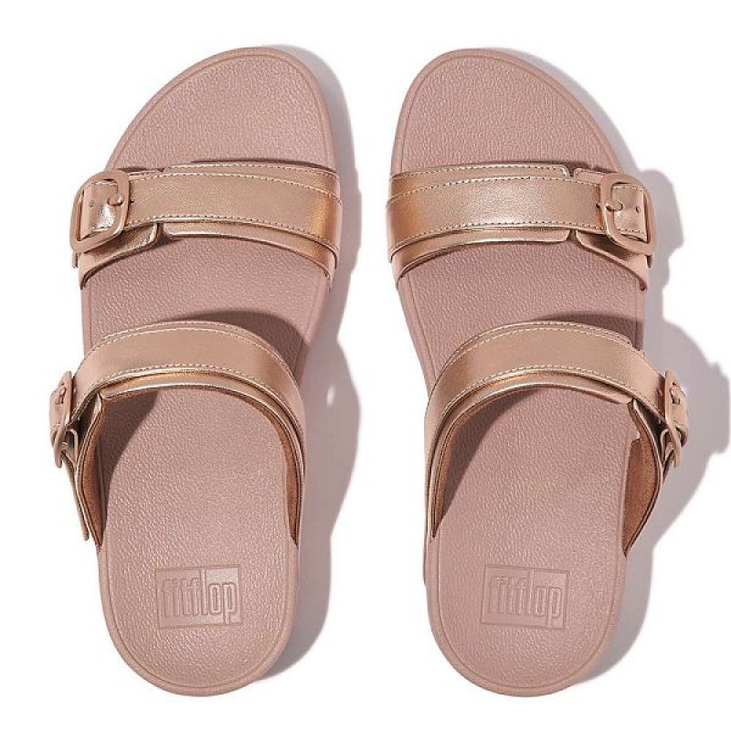 FitFlop Lulu Adjustable Buckle Metallic Leather Women's Slides Rose Gold | 765FHQGSE