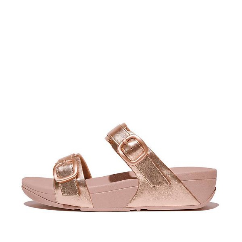 FitFlop Lulu Adjustable Buckle Metallic Leather Women\'s Slides Rose Gold | 765FHQGSE