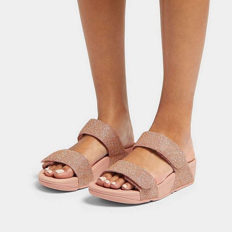 FitFlop Lulu Adjustable Shimmerlux Women's Slides Rose Gold | 840FYRJUM