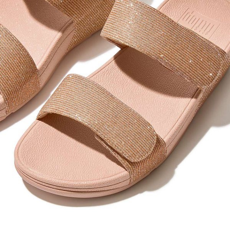 FitFlop Lulu Adjustable Shimmerlux Women's Slides Rose Gold | 840FYRJUM