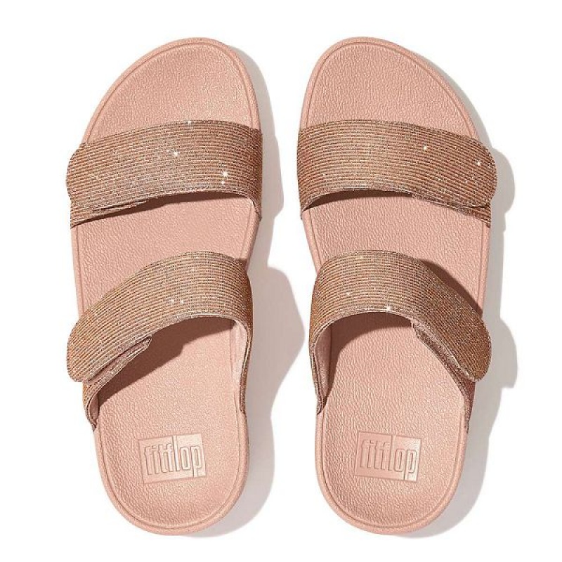 FitFlop Lulu Adjustable Shimmerlux Women's Slides Rose Gold | 840FYRJUM