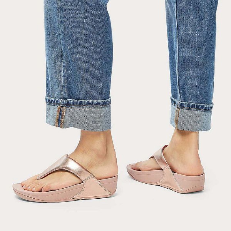 FitFlop Lulu Leather Toe-Post Women's Sandals Rose Gold | 961KWSLAY