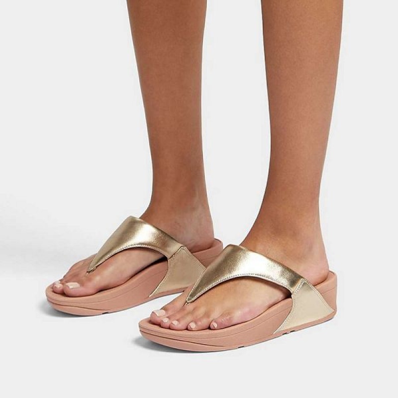 FitFlop Lulu Metallic Leather Toe-Post Women's Sandals Coral / Gold | 423GUOJZI