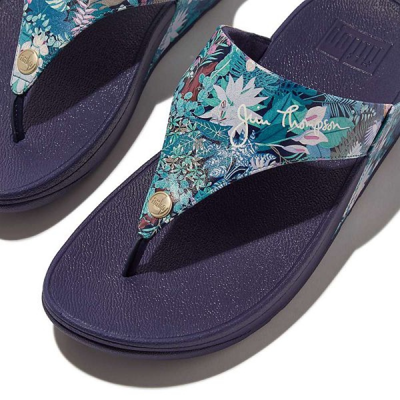 FitFlop Lulu X Jim Thompson Limited Edition Leather Toe-Post Women's Sandals Blue | 581BAJHDU